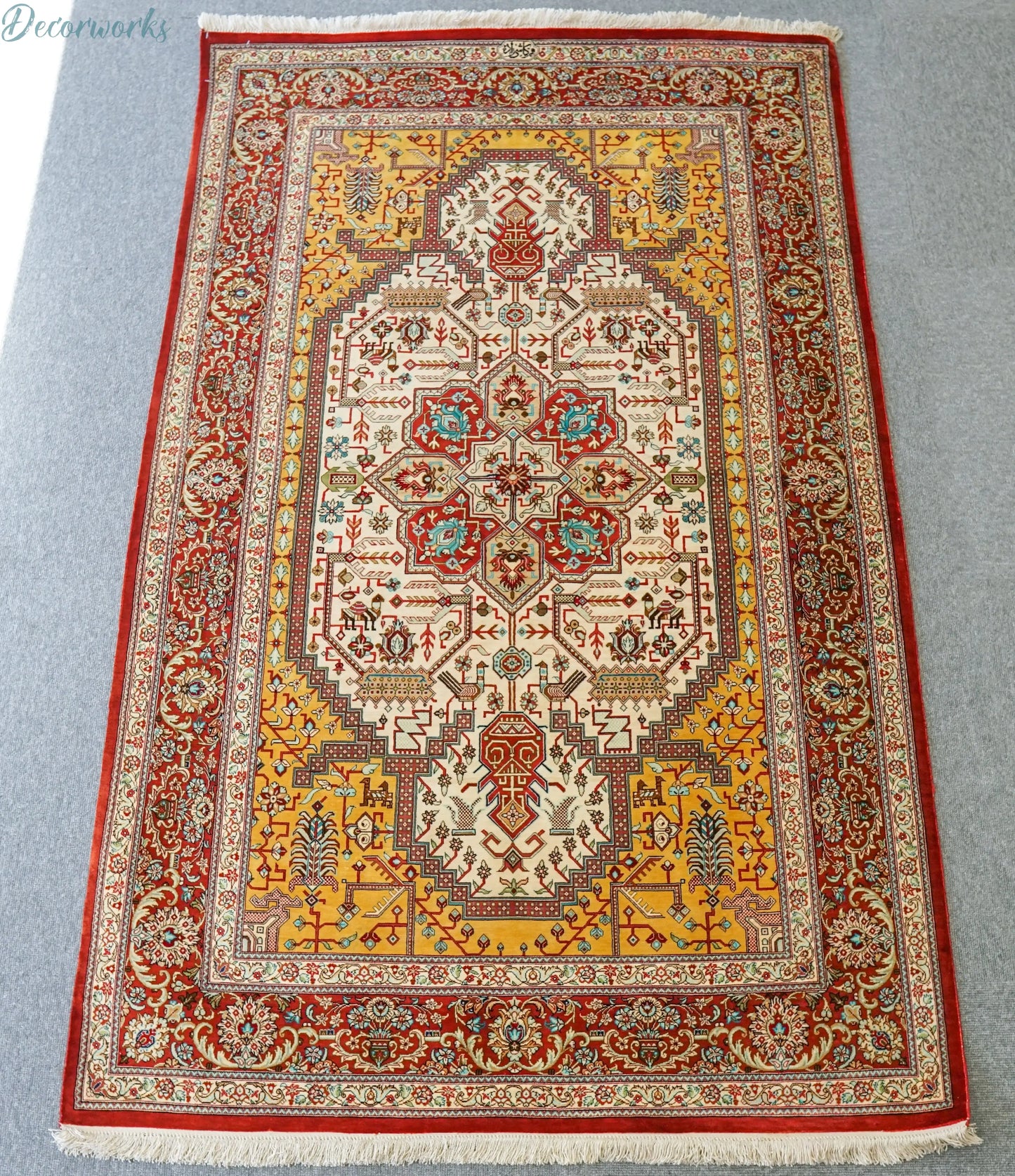 145×103cm ペルシャ絨毯 クム産 カシザード房 シルク 100% Decorworks