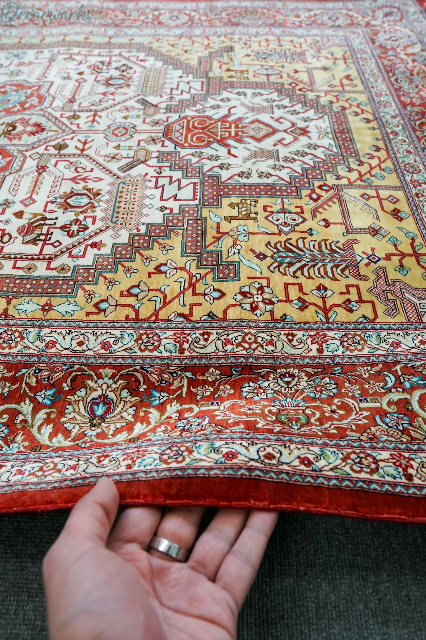 145×103cm ペルシャ絨毯 クム産 カシザード房 シルク 100% Decorworks