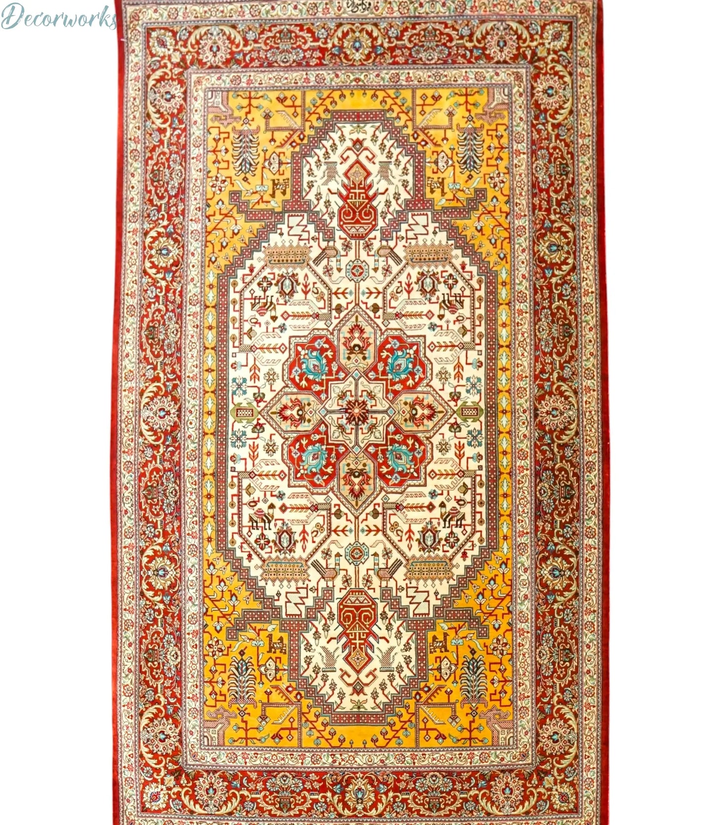 145×103cm ペルシャ絨毯 クム産 カシザード房 シルク 100% Decorworks