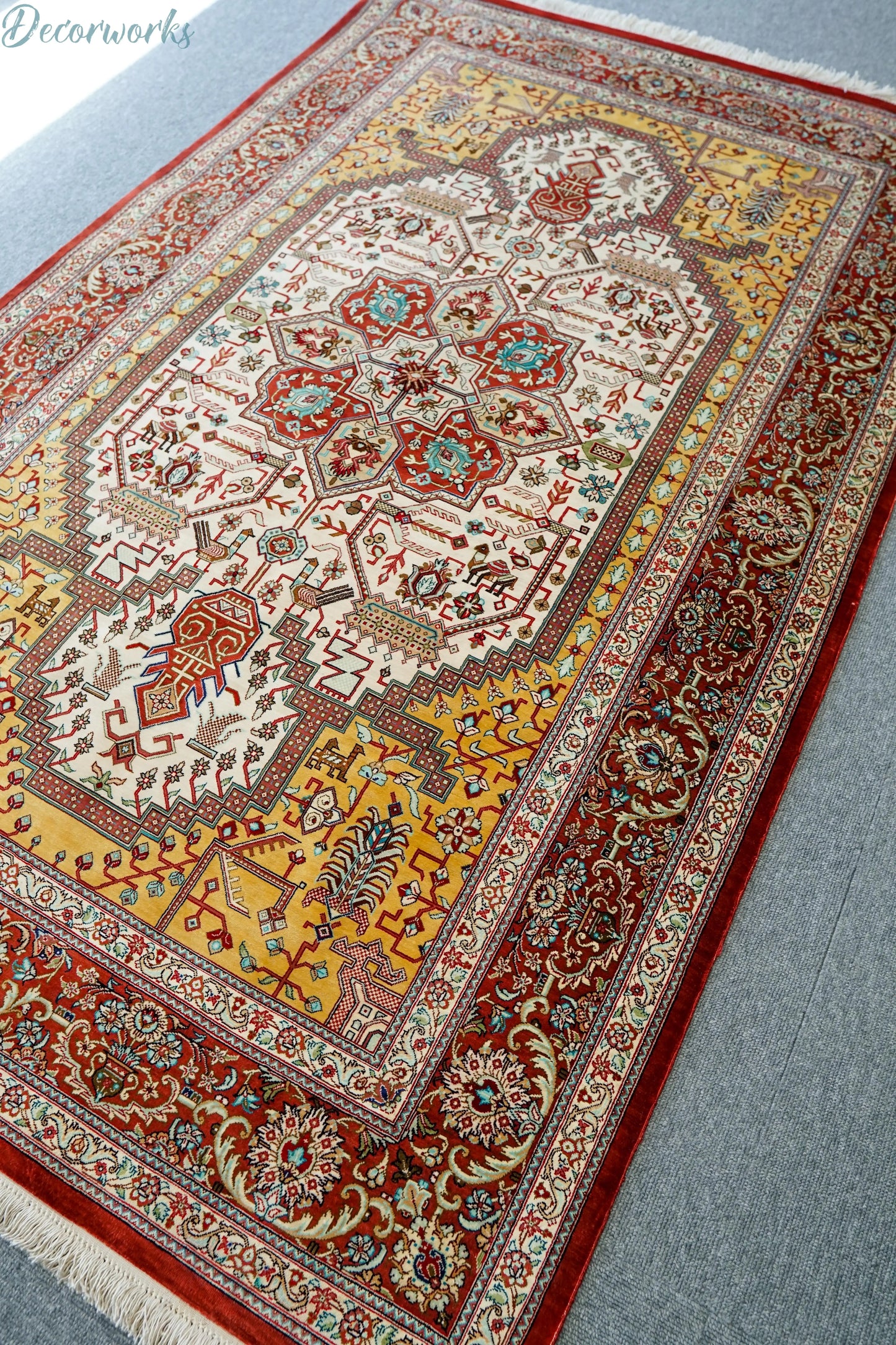 145×103cm ペルシャ絨毯 クム産 カシザード房 シルク 100% Decorworks