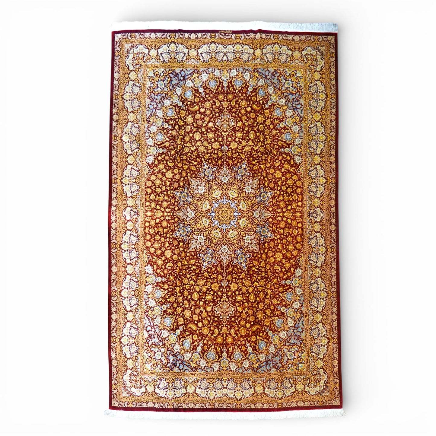 手織りペルシャ絨毯 クム産 アフマディ工房 100%シルク 300×204cm|総シルク 大判サイズ|精密メダリオンデザイン