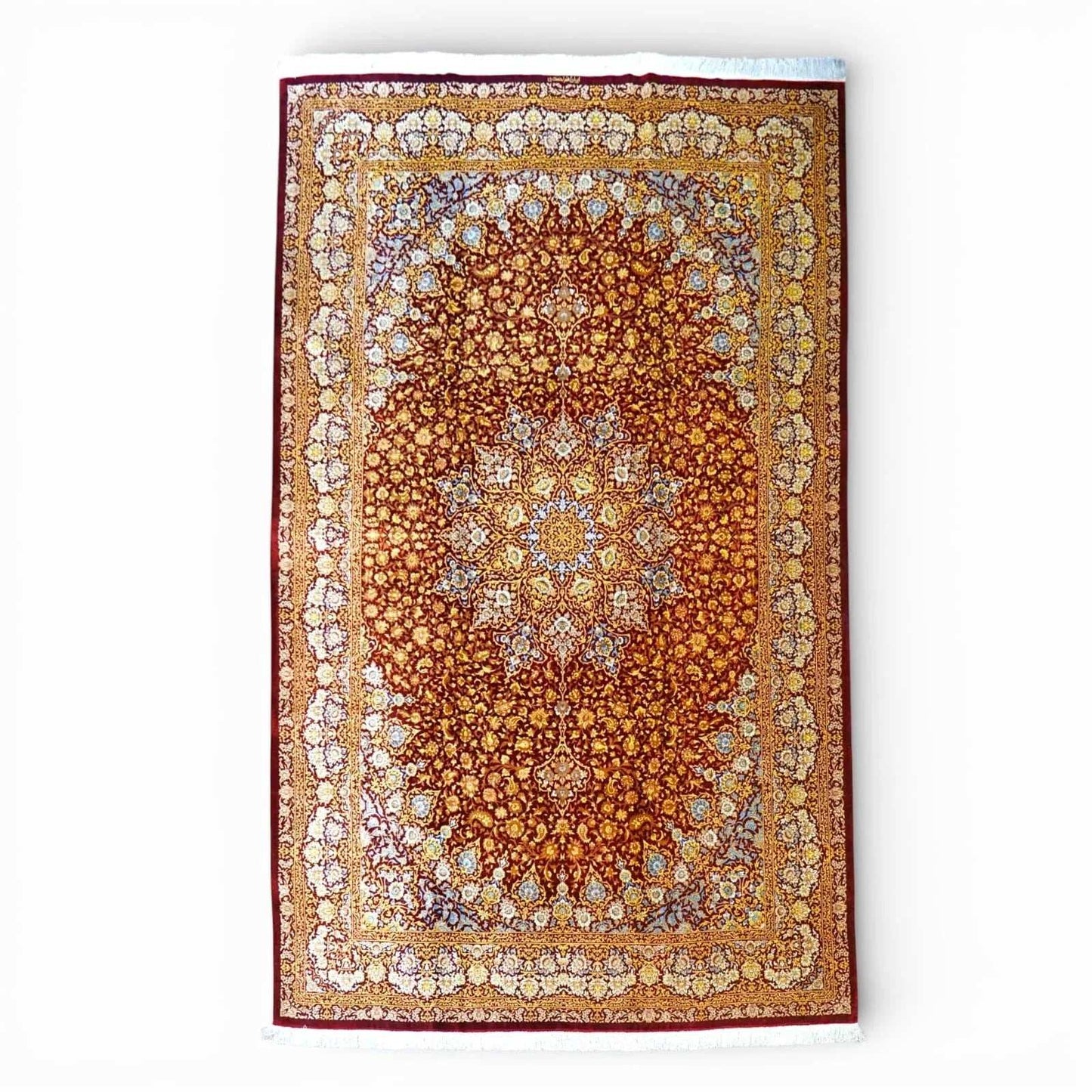 手織りペルシャ絨毯 クム産 アフマディ工房 100%シルク 300×204cm|総シルク 大判サイズ|精密メダリオンデザイン