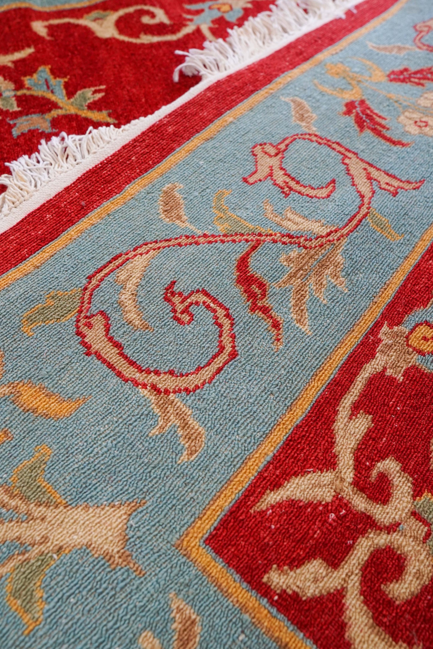 パキスタン手織り絨毯 210×129cm|手紡ぎウール 草木染め 花文様 レッド×ターコイズ オリエンタルラグ 一点物