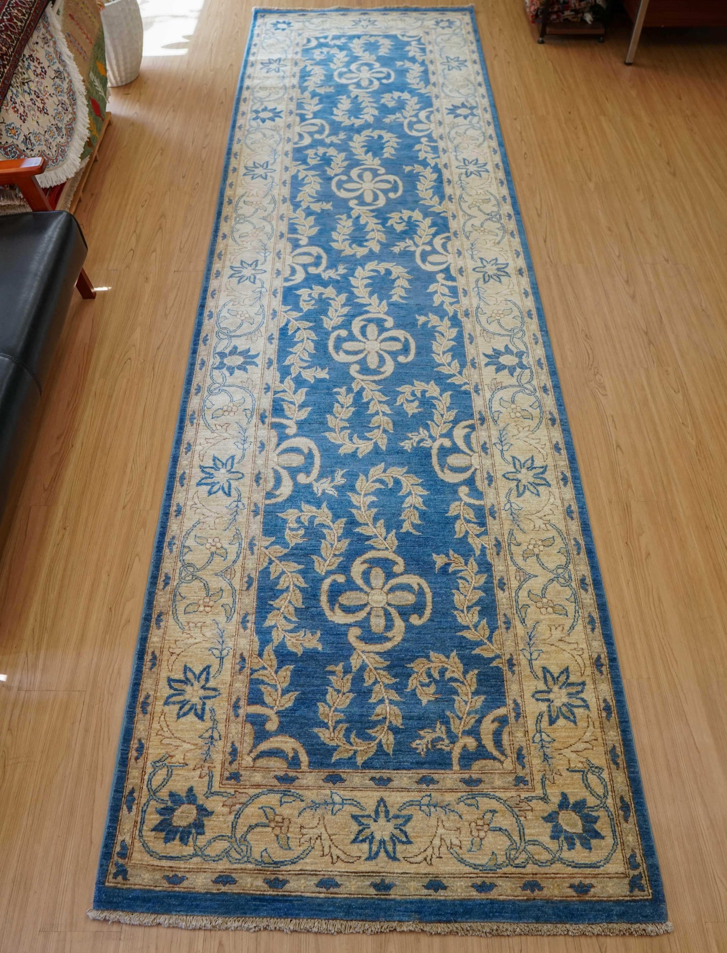 アフガニスタン手織り絨毯 ガズニランナー 371×105cm|Ziegler スルタニデザイン ブルー×アイボリー 廊下・ロングコリドーサイズ
