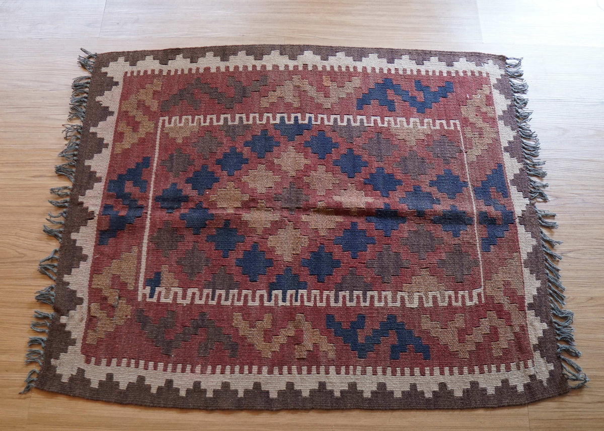 アフガン手織りキリム トライバルラグ 100×82cm