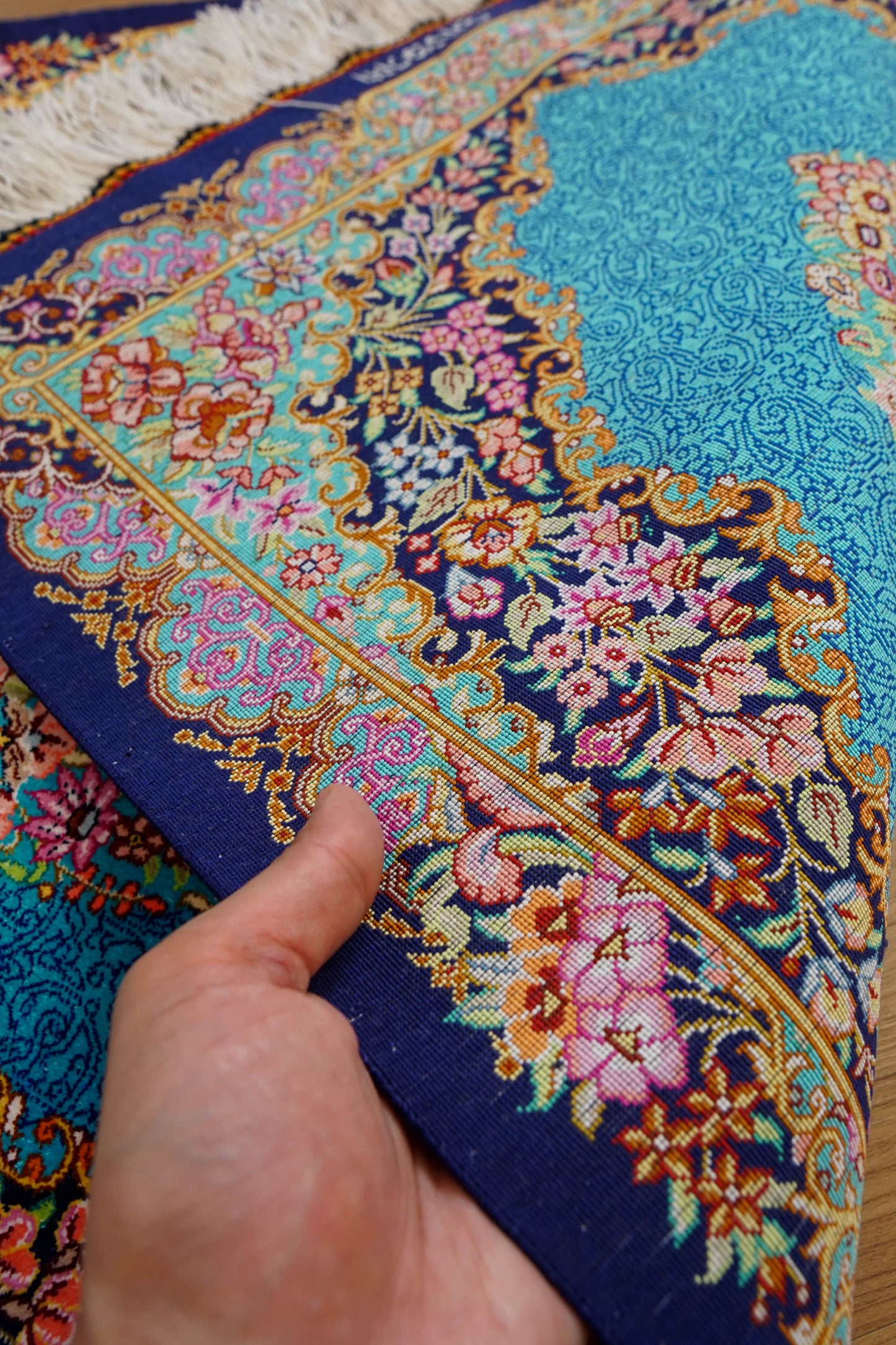 89×59cm 手織り ペルシャ絨毯 クム産 シルク100% 証明書付