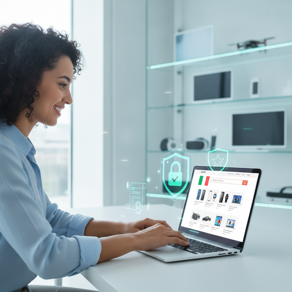 Persona che acquista prodotti elettronici online in un ambiente digitale sicuro e professionale
