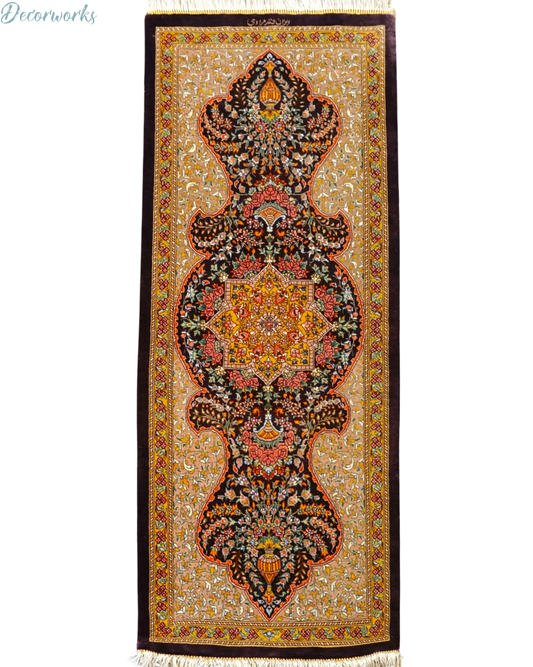 100×40cm　ペルシャ絨毯　クム産　ムラーヂー房　シルク100%証明書付 - Decorworks