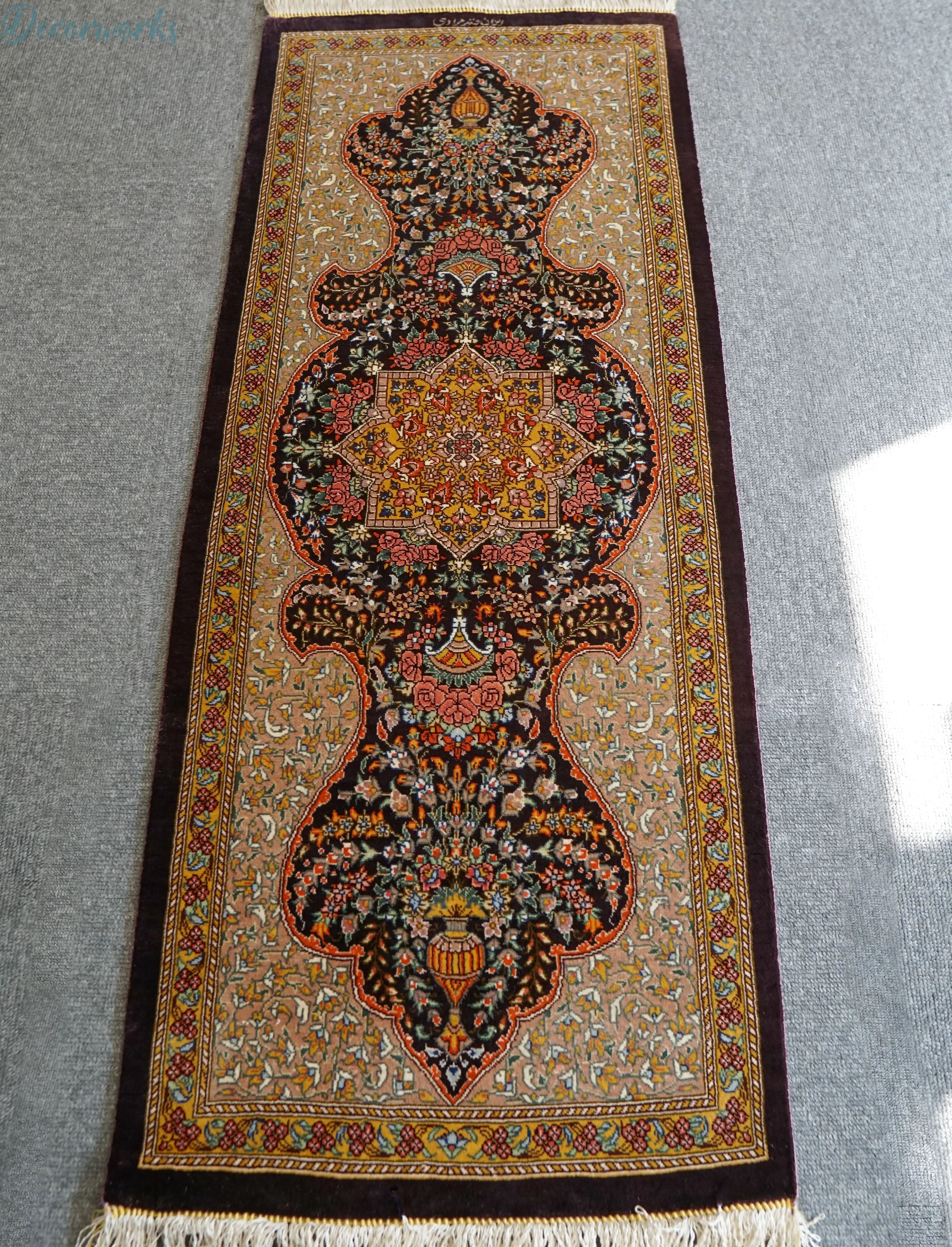 100×40cm ペルシャ絨毯 クム産 シルク100% ラーヂー房 証明書付