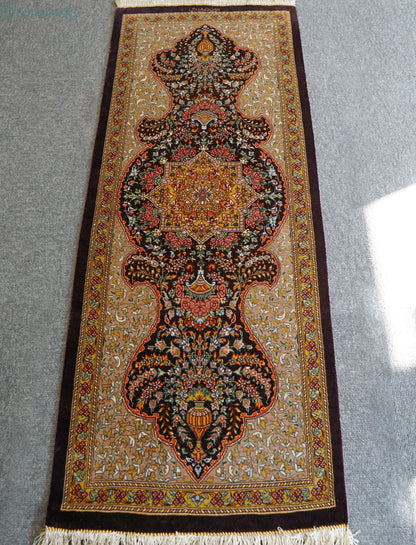 100×40cm　ペルシャ絨毯　クム産　ムラーヂー房　シルク100%証明書付 - Decorworks