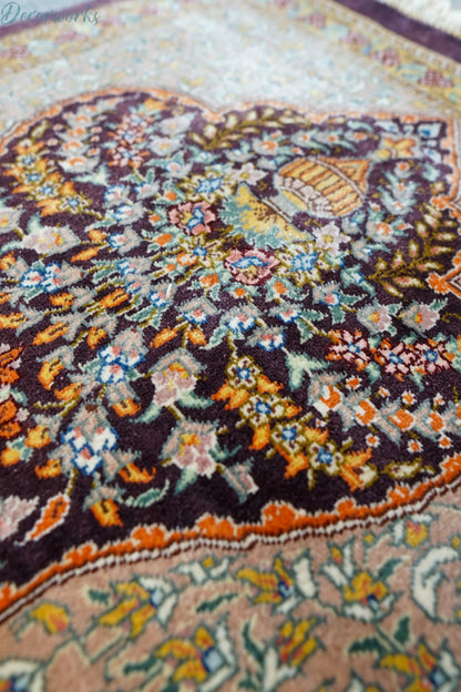 100×40cm　ペルシャ絨毯　クム産　ムラーヂー房　シルク100%証明書付 - Decorworks