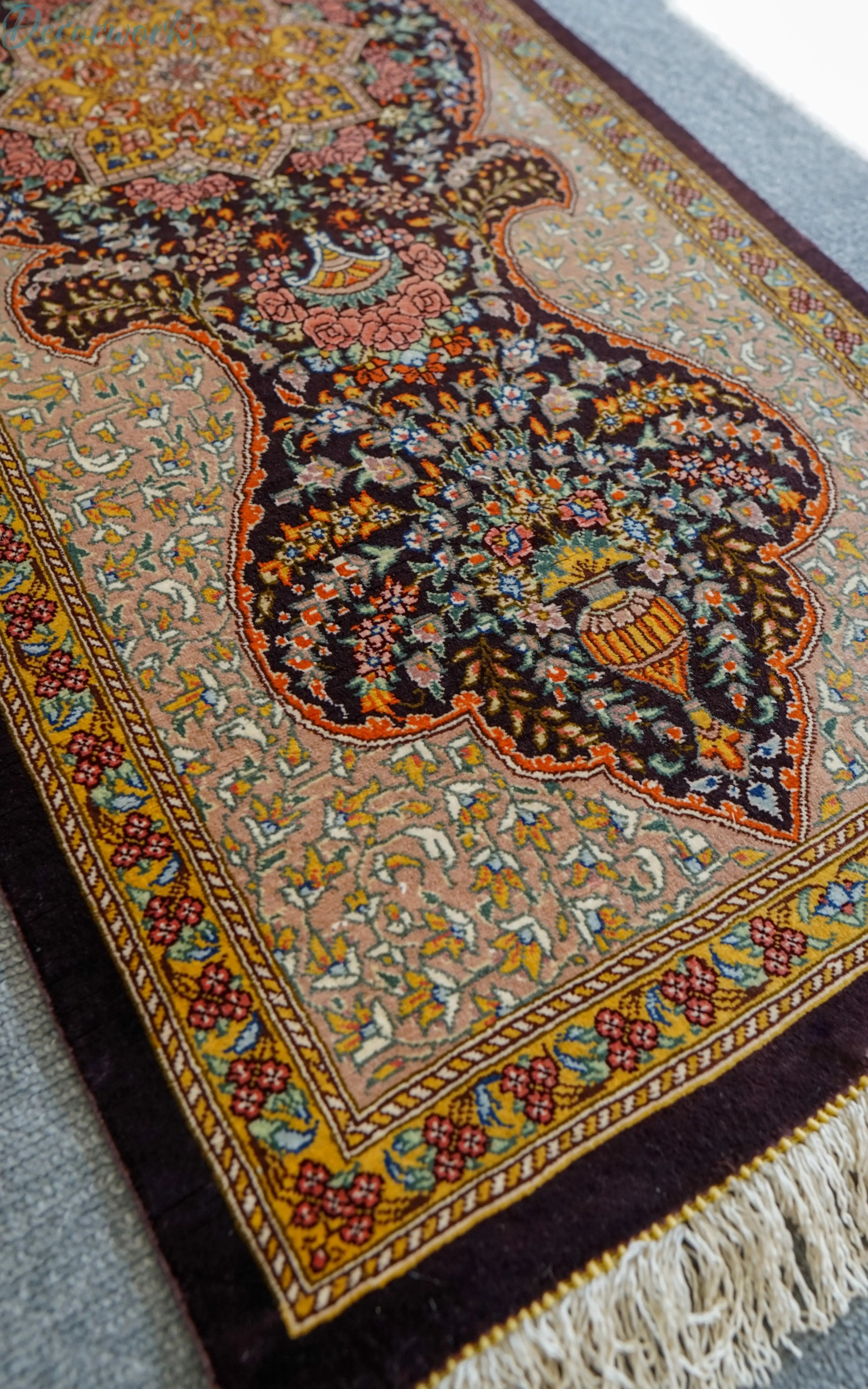 100×40cm ペルシャ絨毯 クム産 シルク100% ラーヂー房 証明書付