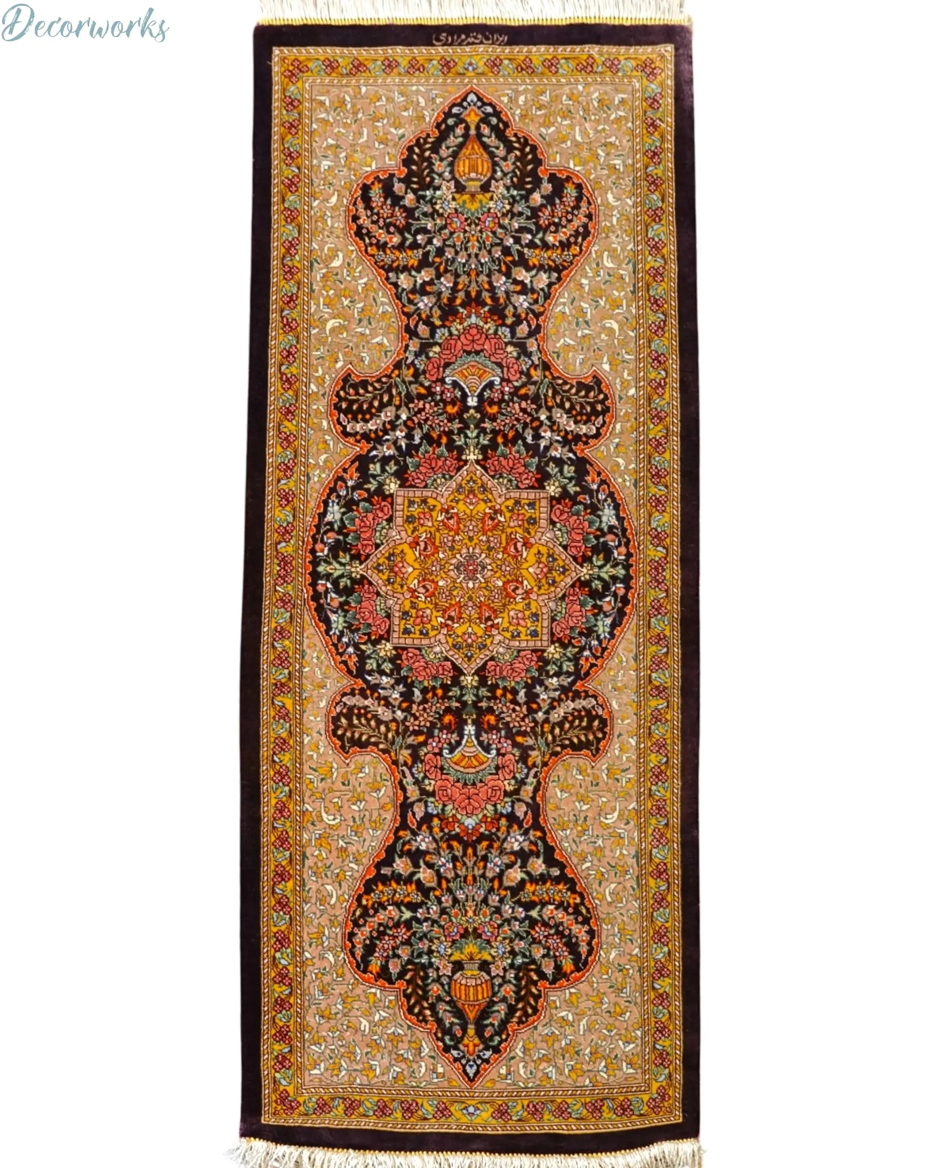 ペルシャ絨毯　シルク 100% SILK クム 100×40cm ペルシャ絨毯 クム産 シルク100% ラーヂー房 証明書付