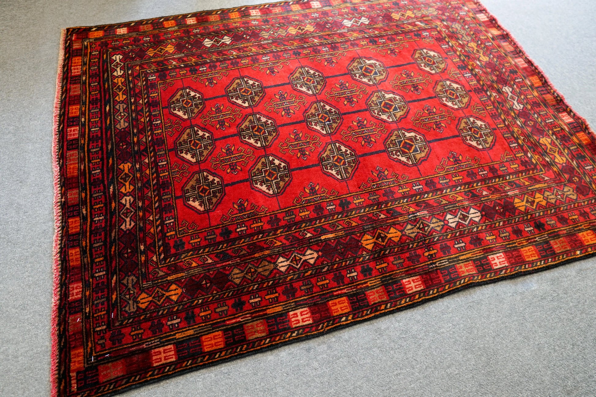 143×111cm トルクメン ボハララグ 手織り絨毯 ペルシャ ヴィンテージラグ Decorworks