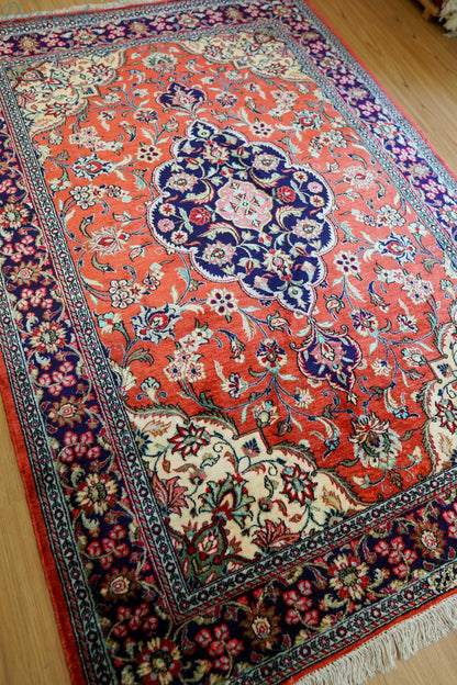 145×102cm ペルシャ絨毯　クム産 シルク　ビンテージラグ Decorworks
