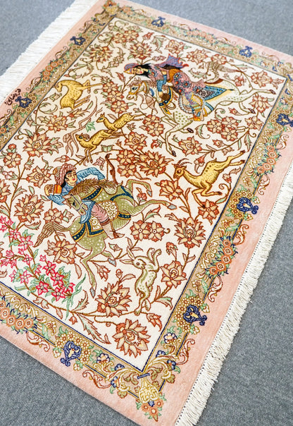 88×66cm　【ペルシャ絨毯　クム産　ラザイー房　シルク 100%　】証明書付 Decorworks