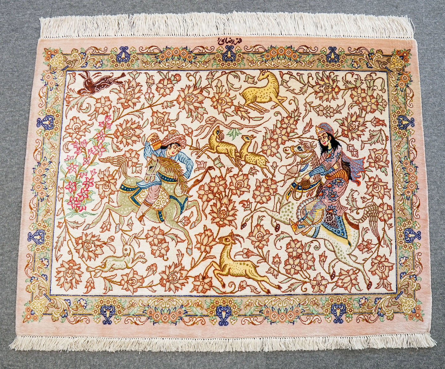 88×66cm　【ペルシャ絨毯　クム産　ラザイー房　シルク 100%　】証明書付 Decorworks
