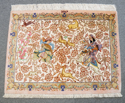 88×66cm　【ペルシャ絨毯　クム産　ラザイー房　シルク 100%　】証明書付 Decorworks