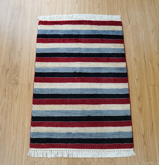 88×60cm パキスタン手織り絨毯 ストライプデザイン ウールラグ