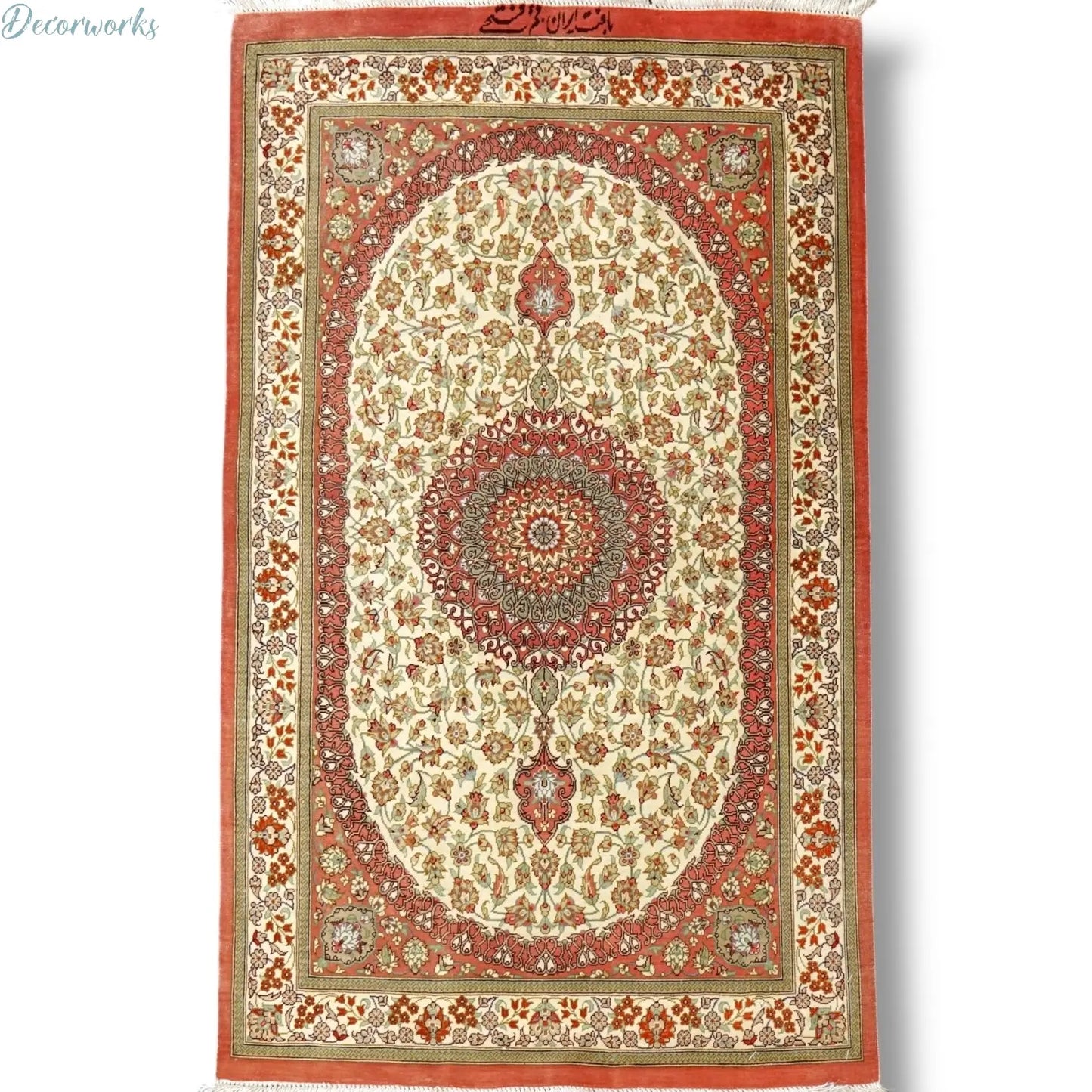 90×57cm　 ペルシャ絨毯　クム産　ファテー房　シルク 100%　証明書付 Decorworks