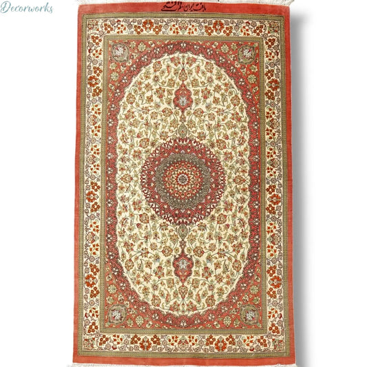 90×57cm　 ペルシャ絨毯　クム産　ファテー房　シルク 100%　証明書付 Decorworks