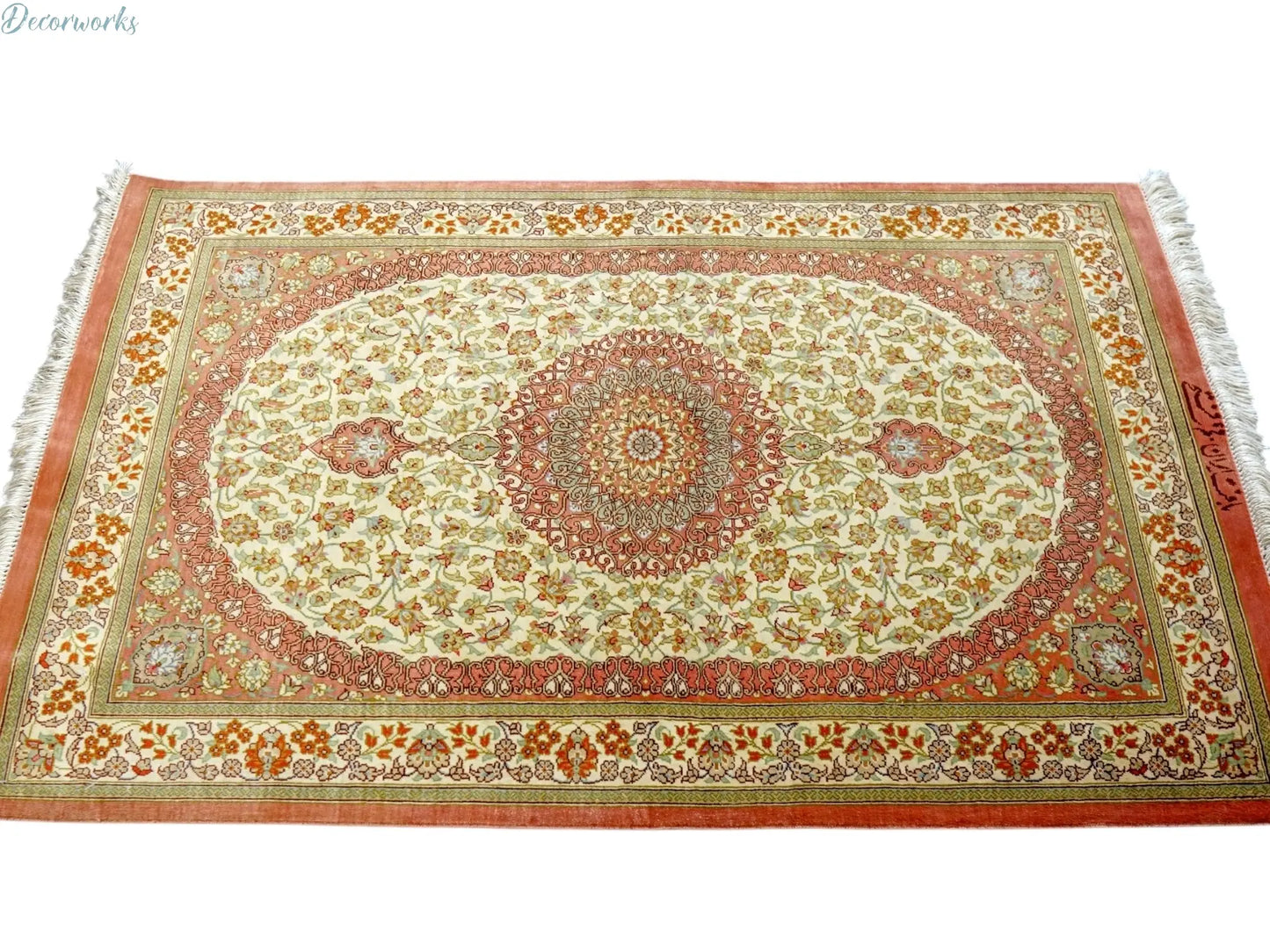 90×57cm　 ペルシャ絨毯　クム産　ファテー房　シルク 100%　証明書付 Decorworks
