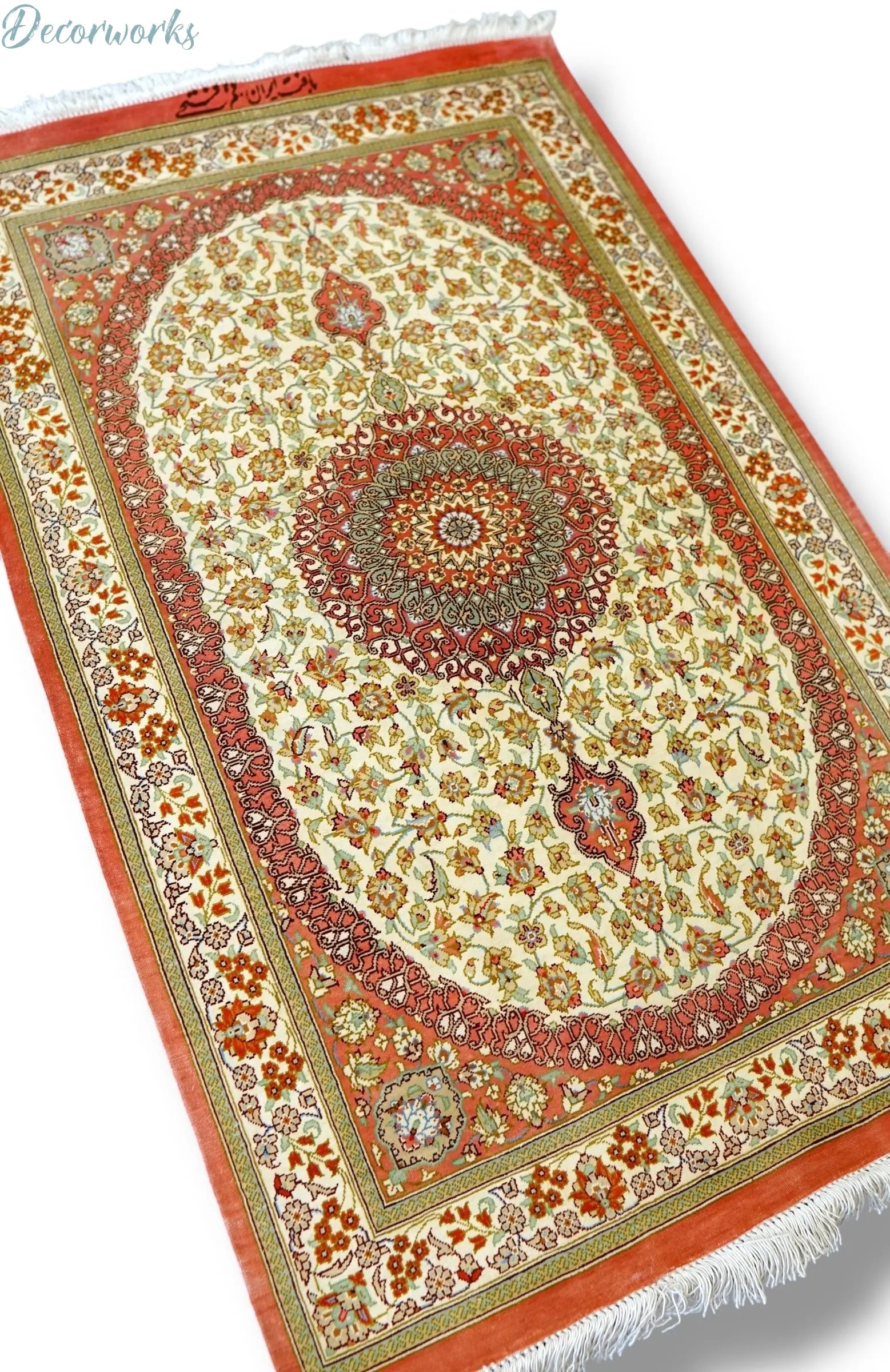 90×57cm　 ペルシャ絨毯　クム産　ファテー房　シルク 100%　証明書付 Decorworks
