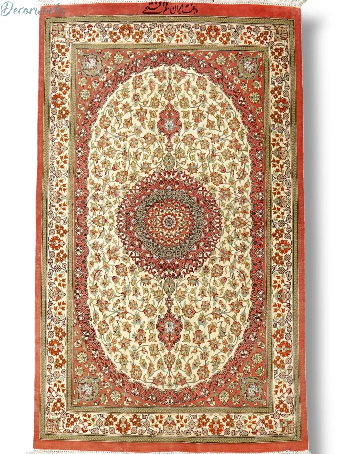 90×57cm　 ペルシャ絨毯　クム産　ファテー房　シルク 100%　証明書付 Decorworks