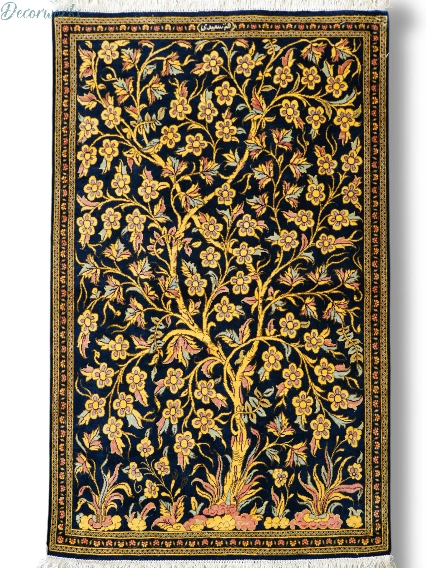 91×58cm　ペルシャクム産の総手織りシルク絨毯　証明書付 - Decorworks