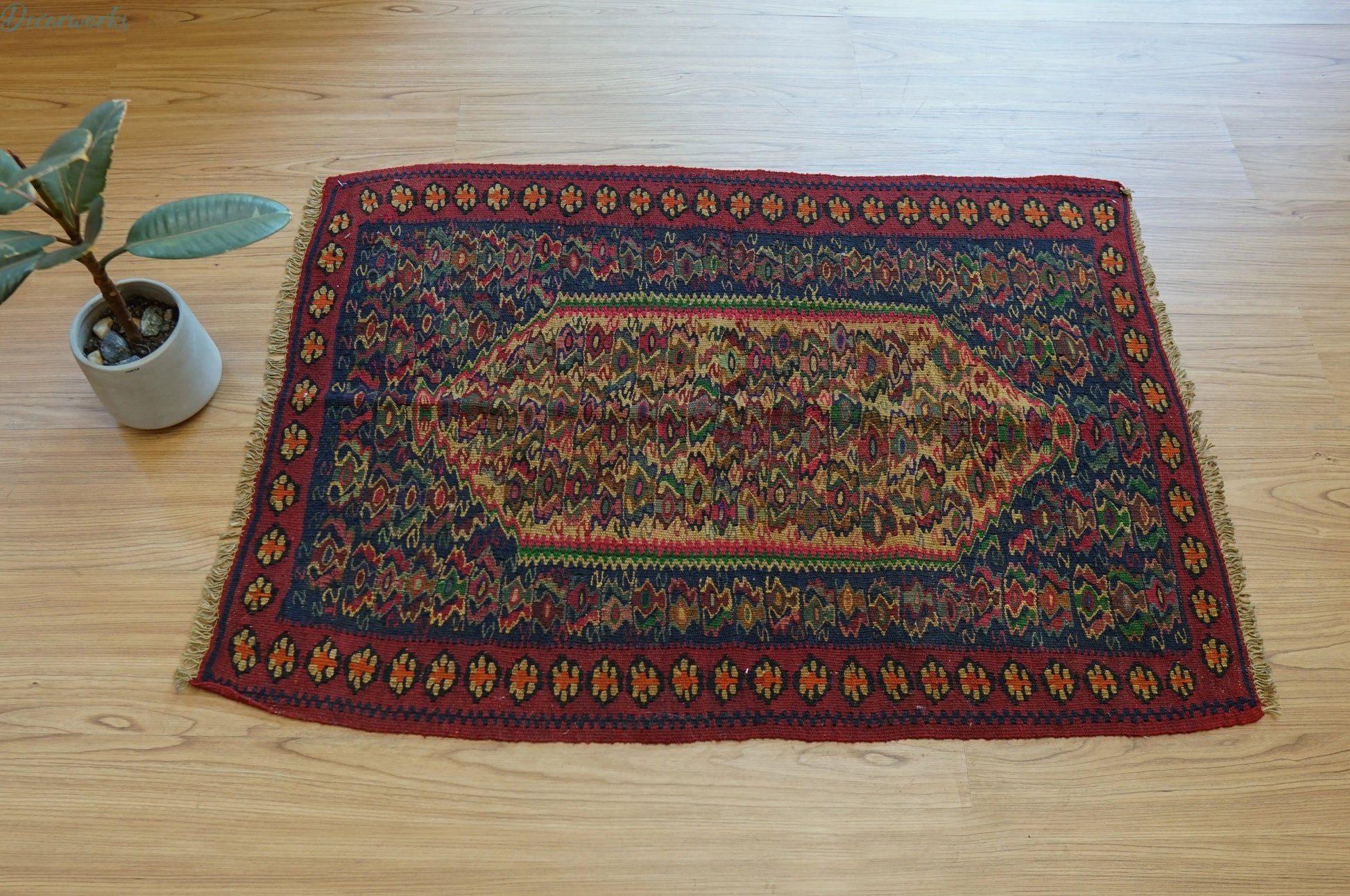92×64cm  セネ（サナンダジ）ペルシャ 手織りキリム Decorworks