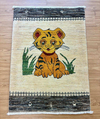  手織りペルシャ絨毯 カシュクリ ギャッベ リズ　バフト ギャベ 91×65cm｜高密度ウール・やわらかく丈夫 ライオン（子トラ）柄 玄関マット