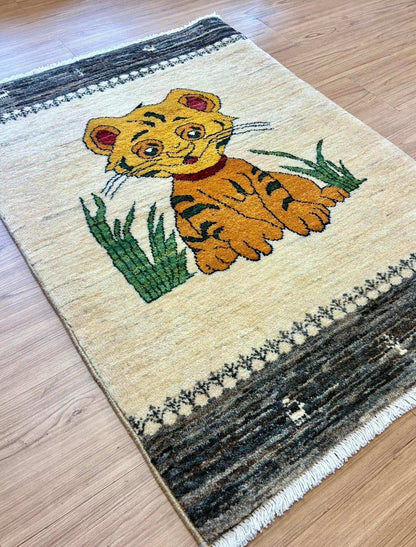  手織りペルシャ絨毯 カシュクリ ギャッベ リズ　バフト ギャベ 91×65cm｜高密度ウール・やわらかく丈夫 ライオン（子トラ）柄 玄関マット