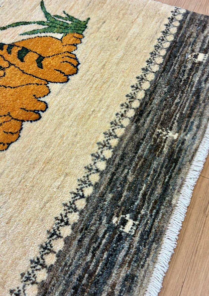  手織りペルシャ絨毯 カシュクリ ギャッベ リズ　バフト ギャベ 91×65cm｜高密度ウール・やわらかく丈夫 ライオン（子トラ）柄 玄関マット