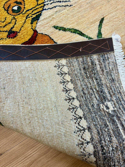  手織りペルシャ絨毯 カシュクリ ギャッベ リズ　バフト ギャベ 91×65cm｜高密度ウール・やわらかく丈夫 ライオン（子トラ）柄 玄関マット