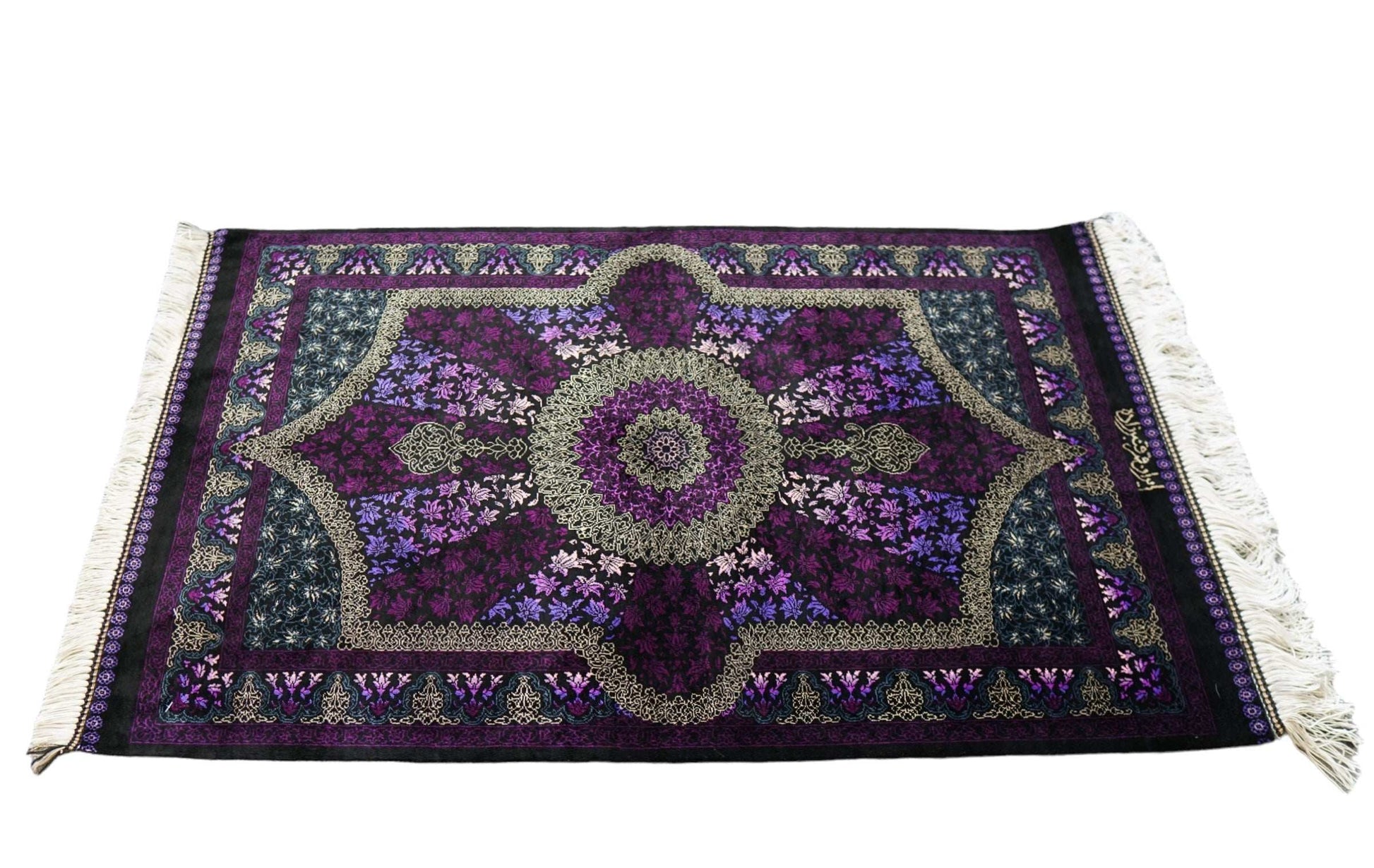  ペルシャ手織り絨毯 クム産 カンバルザデ工房 シルク100％ 94×58cm｜深紫の手織りラグ