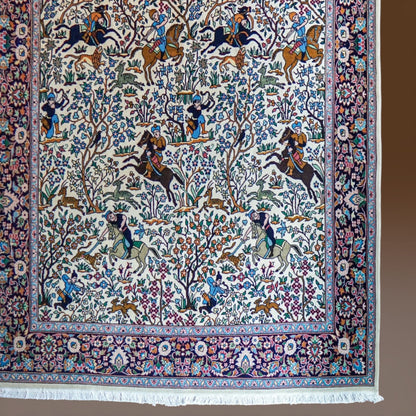  ペルシャ絨毯 タブリーズ産 シカルガー（狩猟図）デザイン 218×140cm 手織りラグ