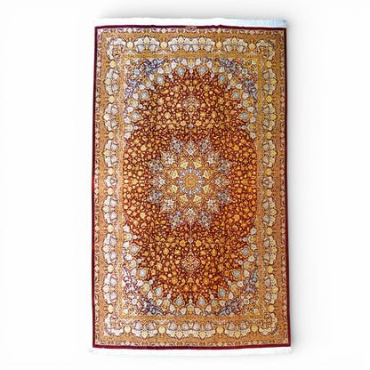 手織りペルシャ絨毯 クム産 アフマディ工房 100％シルク 300×204cm｜総シルク 大判サイズ｜精密メダリオンデザイン