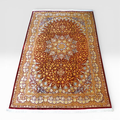 手織りペルシャ絨毯 クム産 アフマディ工房 100％シルク 300×204cm｜総シルク 大判サイズ｜精密メダリオンデザイン