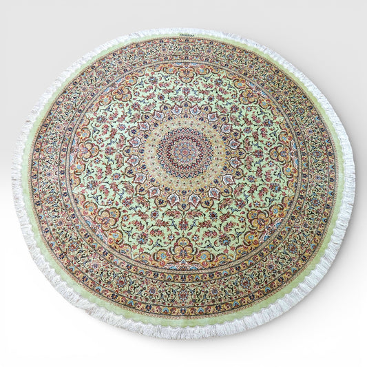 手織りペルシャ絨毯 カシャーン産 ファッラ工房 シルク100% 丸 200×200cm