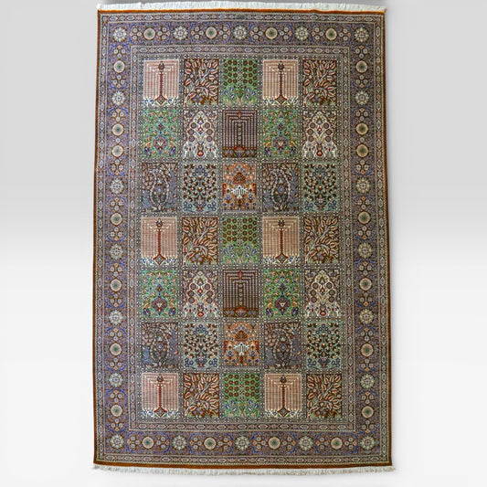 手織りペルシャ絨毯 クム産 バーバイ工房 100％シルク 200×135cm ヘシティデザイン・最高級シルクラグ