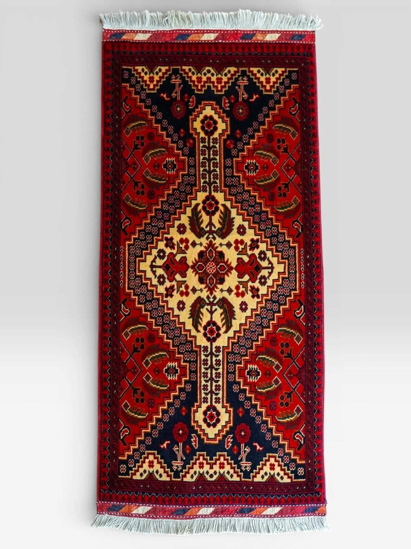  アフガニスタン手織り絨毯 カールモハメディ 105×52cm｜高密度織り・上質ウール トライバルラグ