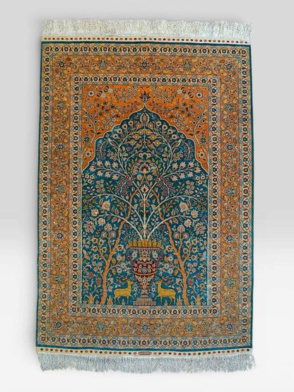  トルコ・ヘレケ シルク手織り絨毯 140×102cm｜1970年代 ヴィンテージ ラグ　Turkish Ozipek hereke