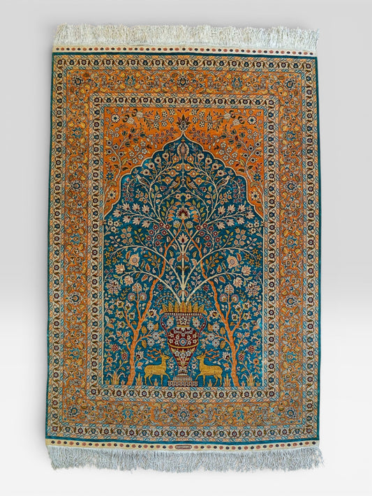 トルコ・ヘレケ シルク手織り絨毯 140×102cm｜1970年代 ヴィンテージ ラグ　Turkish Ozipek hereke