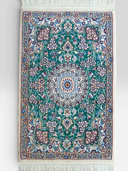 ペルシャ絨毯 ナイン産 手織り 90×63cm｜グリーンメダリオンデザイン 玄関マットサイズ