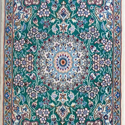  ペルシャ絨毯 ナイン産 手織り 90×63cm｜グリーンメダリオンデザイン 玄関マットサイズ