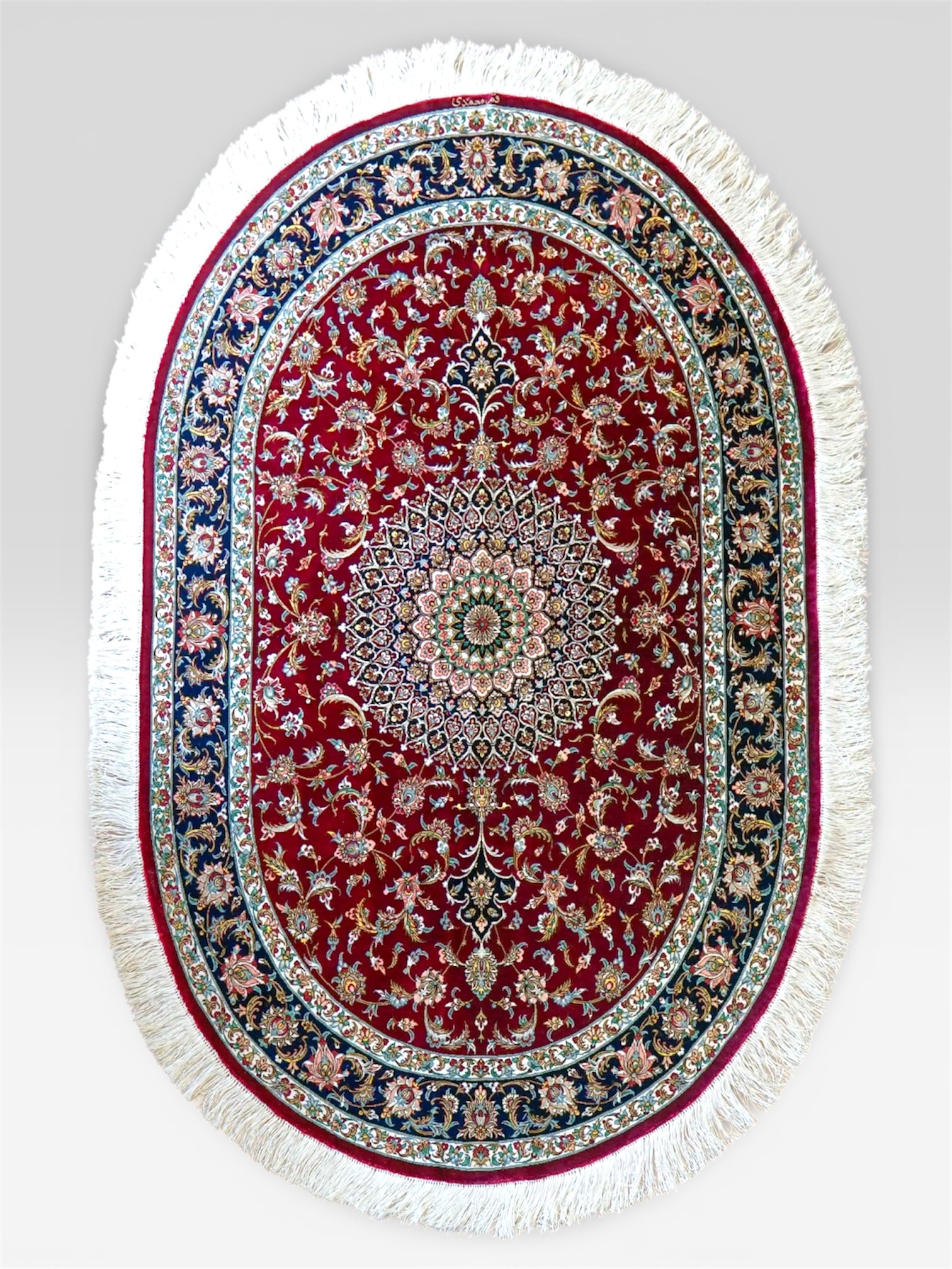  ペルシャ絨毯 クム産 シルク100% 手織りラグ 147×98cm｜モハマディ房 オーバルデザイン 高密度シルク絨毯