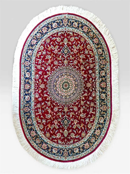  ペルシャ絨毯 クム産 シルク100% 手織りラグ 147×98cm｜モハマディ房 オーバルデザイン 高密度シルク絨毯