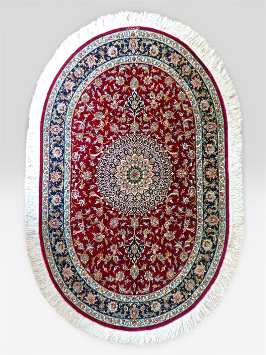  ペルシャ絨毯 クム産 シルク100% 手織りラグ 147×98cm｜モハマディ房 オーバルデザイン 高密度シルク絨毯