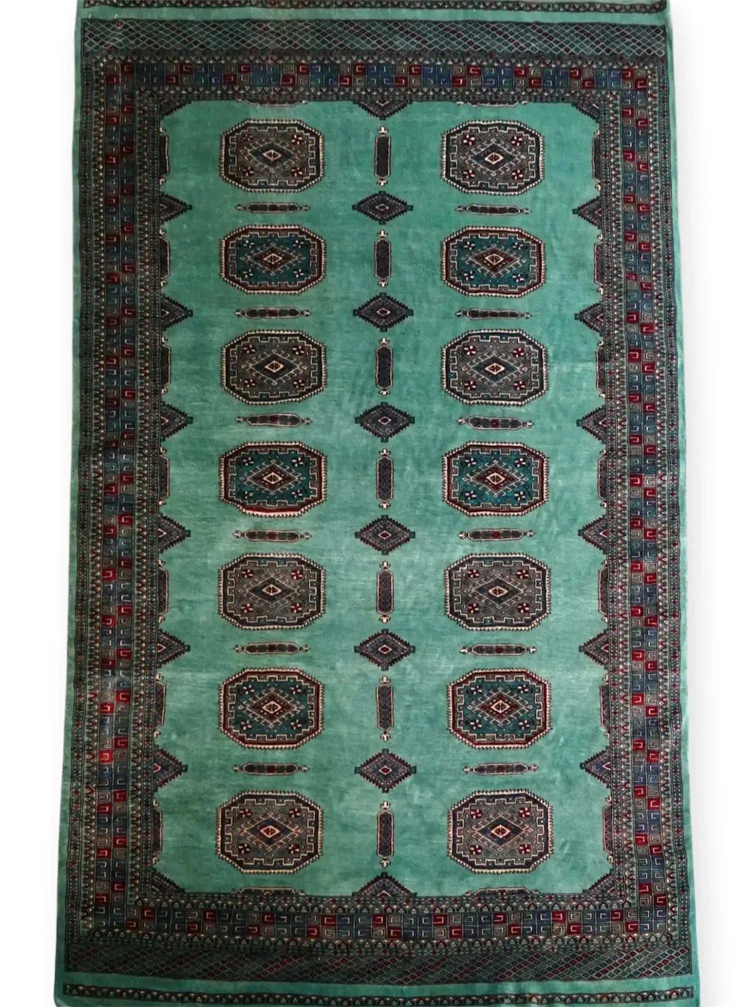  パキスタン手織り絨毯 239×155cm｜高密度ウール ニュージーランドウール使用 緻密織り グリーン系 トライバルデザイン