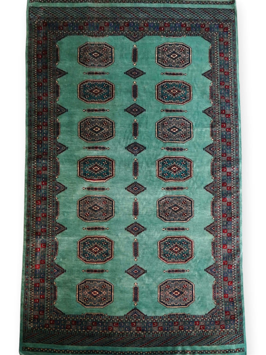  パキスタン手織り絨毯 239×155cm｜高密度ウール ニュージーランドウール使用 緻密織り グリーン系 トライバルデザイン